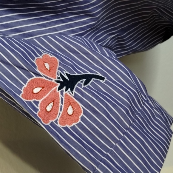 Zara Woman Chambray Embroidered Floral Striped Elbow Length Top Size Large - Picture 5 of 10